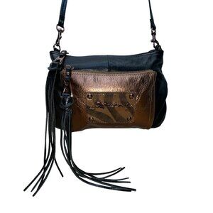 B. Makowsky Women’s Black & Bronze Leather With Fringe Zippered Crossbody Bag
